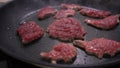 Raw Steaks Cooking on Nonstick Pan.