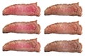 Raw steaks frying degrees: rare, blue, medium, medium rare, medium well, well done Royalty Free Stock Photo