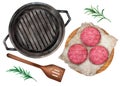 Raw steaks hamburgers cutlets, grill pan. Watercolor Royalty Free Stock Photo