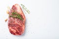 Raw striploin beef steak with rosemary, thyme, salt and pepper. isolated against white. top view with copy space