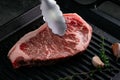 Raw Striploin steak is placed with tongs on a grill pan with garlic Royalty Free Stock Photo