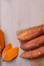 Raw sweet potatoes on wooden background on burlap sack Royalty Free Stock Photo