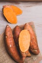 Raw sweet potatoes on wooden background on burlap sack Royalty Free Stock Photo