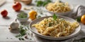 Raw tagliatelle pasta garlic and herbs on white wooden table surface. Royalty Free Stock Photo