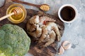 Raw tiger shrimps, broccoli, honey, ginger Royalty Free Stock Photo