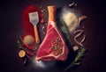 Raw Tomahawk beef steak, asparagus and spices. Ready for grilling. AI Generated Royalty Free Stock Photo