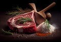 Raw Tomahawk beef steak, asparagus and spices. Ready for grilling. AI Generated Royalty Free Stock Photo