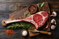 raw Tomahawk steak on wooden background with spices for grilling Royalty Free Stock Photo