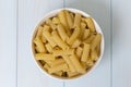 Raw tortiglioni pasta in a white bowl Royalty Free Stock Photo