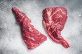 Raw tri tip beef steak on kitchen table. White background. Top view