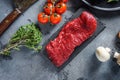 Raw tri tip, bottom sirloin cut steak on black slate raw organic food , marbled beef over other alternative cuts with herbs Royalty Free Stock Photo