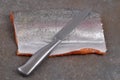 Raw trout fillet with its scales and a knife close-up on a gray background Royalty Free Stock Photo