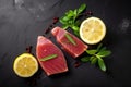 Raw tuna fillet on a black stone top view with lemon and spice. Generative AI