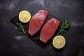 Raw tuna fillet on a black stone top view with rosemary, lemon and spice. Generative AI
