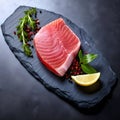 Raw tuna fish steak on natural stone black slate Royalty Free Stock Photo