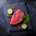 Raw tuna fish steak on natural stone black slate Royalty Free Stock Photo