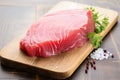 Raw tuna steak isolated, Red sea fish fillet, fresh tuna filet, seafood sashimi, bluefin piece, akami Royalty Free Stock Photo