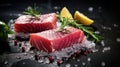 Raw tuna steak, Red sea fish fillet, fresh tuna filet, seafood sashimi, bluefin piece, akami, ahi loin Royalty Free Stock Photo