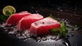 Raw tuna steak, Red sea fish fillet, fresh tuna filet, seafood sashimi, bluefin piece, akami, ahi loin Royalty Free Stock Photo