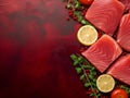 Raw Tuna steaks with herbs, lemon and spices on a dark red wine background with copy space. Fresh tuna fish slices for sashimi, Royalty Free Stock Photo