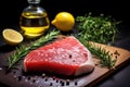 raw tuna steaks with sesame seeds near a lemon wedge