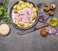 Raw turkey breast with potato, pear, red onion and herbs, with a variety of condiments, vintage knife for meat, on granite rusti