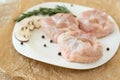 Raw turkey chicken tail on a plate on a white background. Isolate. Copy space