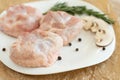 Raw turkey chicken tail on a plate on a white background. Isolate. Copy space