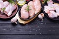 Raw uncooked chicken breast, wings, legs or drumsticks Royalty Free Stock Photo