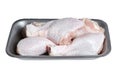 Raw and uncooked chicken legs with skin in a grey plastic container. Fresh meat of poultry in tray, isolated on white Royalty Free Stock Photo