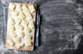 Raw uncooked homemade potato gnocchi with flour on cutting board Royalty Free Stock Photo