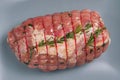 Raw Uncooked Pork, Rolled Meat with Herbs and Seasoning Royalty Free Stock Photo