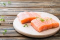 Raw uncooked salmon on cutting board on wooden table Royalty Free Stock Photo