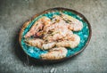 Raw uncooked tiger prawns on chipped ice, fresh seafood Royalty Free Stock Photo