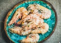 Raw uncooked tiger prawns on chipped ice, fresh seafood Royalty Free Stock Photo