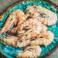 Raw uncooked tiger prawns on chipped ice, fresh seafood Royalty Free Stock Photo