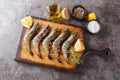 Raw unpeeled black tiger prawns, shrimps with lemon, herbs and spices closeup on the wooden board. Horizontal top view