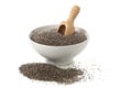 Raw, unprocessed, dried black chia seeds in white bowl with wood