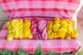 Raw, unprocessed silk yarn from yellow cocoons of the silk Royalty Free Stock Photo