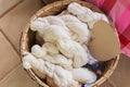 Raw, unprocessed silk yarn from yellow cocoons of the silk Royalty Free Stock Photo