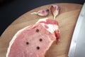 Raw veal meat fillet on kitchen cutting board with seasoning Royalty Free Stock Photo