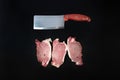 Raw veal meat fillet, Variety of raw beef meat steaks for grilling with meat knife on dark background