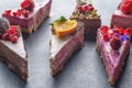 Raw vegan cakes with fruit and seeds, decorated with flower, product photography for patisserie Royalty Free Stock Photo