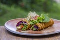 Raw vegan carrot and cumin wrap roll stuffed with shred lettuce, tomato, avocado, spinach and savory zucchini hummus . Summer