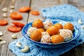 Raw vegan cashew dried apricots, coconut balls on a wood background Royalty Free Stock Photo