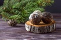 Raw vegan Christmas dessert energy balls with nuts and dried fruits