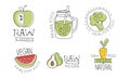 Raw Vegan Food Labels Set, Healthy Natural Raw Vegetarian Food Hand Drawn Labels Vector Illustration