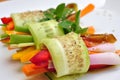 Raw , vegan meal with cucumber, pepper, onion and carrot Royalty Free Stock Photo