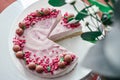 Raw vegan strawberry cake decorated with choco. berry filling jelly vegetarian cashew cream cheesecake gluten free Royalty Free Stock Photo