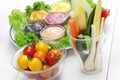 Raw vegetables with assorted mayonnaise sauce Royalty Free Stock Photo